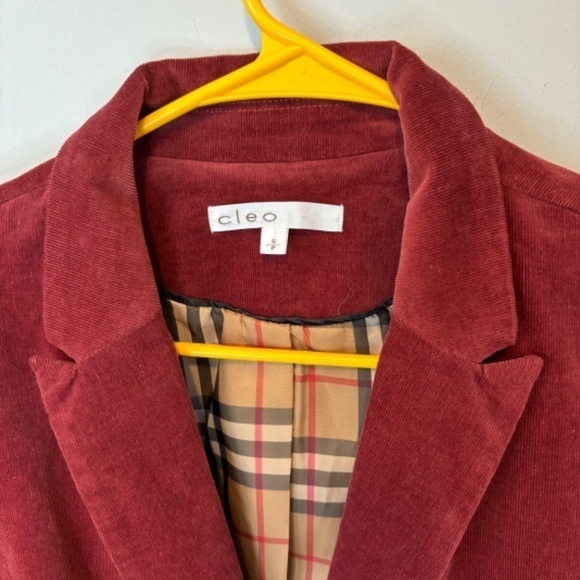 Cleo Women's Burgundy Corduroy Single Breasted Blazer, Plaid Lining SZ Small - Picture 3 of 10
